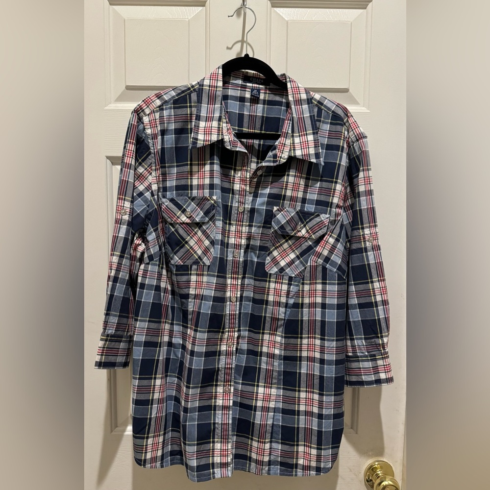 Chaps Women's 3X Red White Blue Plaid Button Front Cotton Shirt